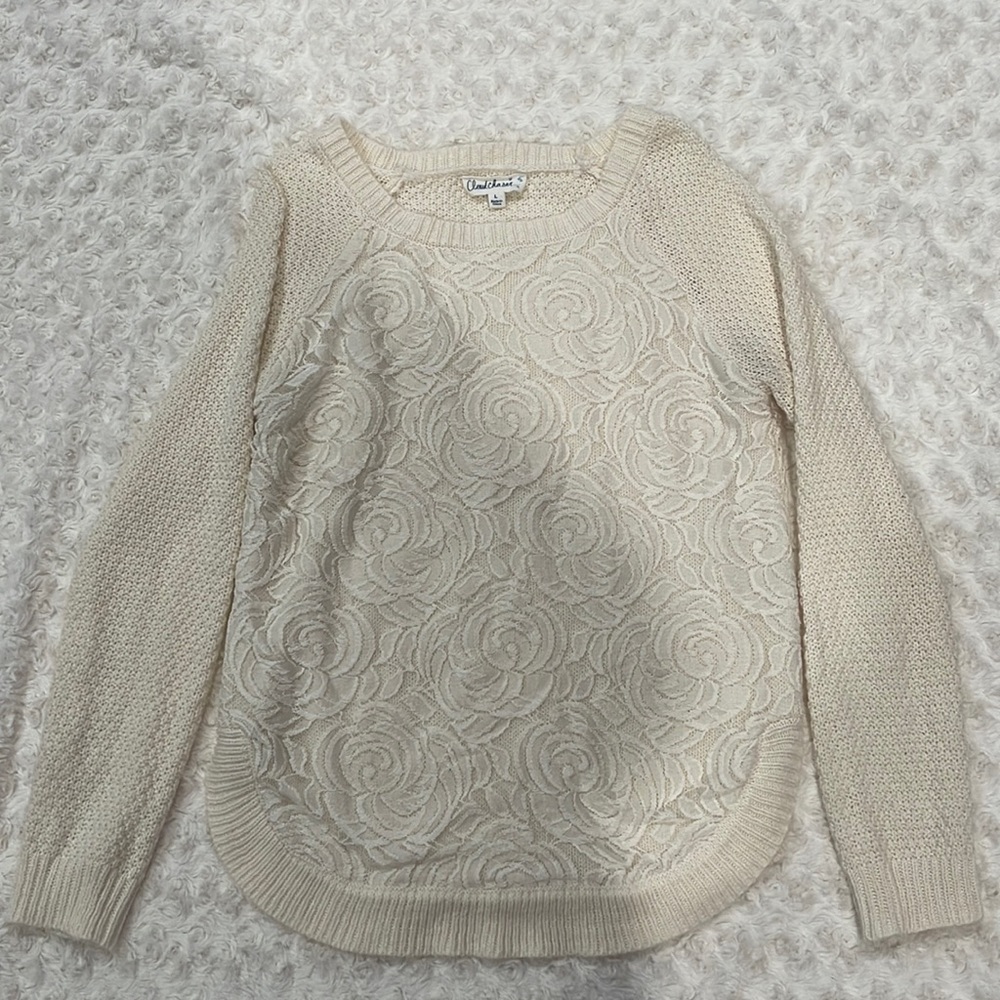 Cream sweater with floral lace pattern. Size L